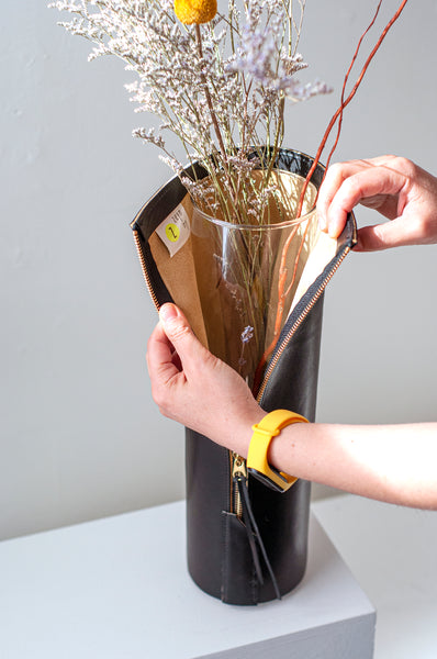 Tall Zippered Leather Vase Black