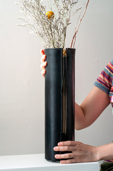 Tall Zippered Leather Vase Black