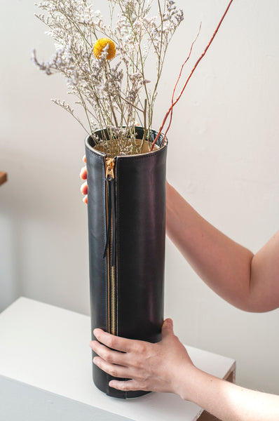 Tall Zippered Leather Vase Black