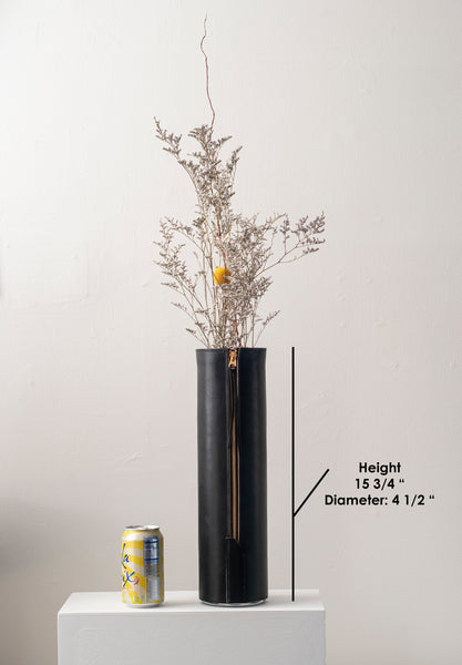 Tall Zippered Leather Vase Black