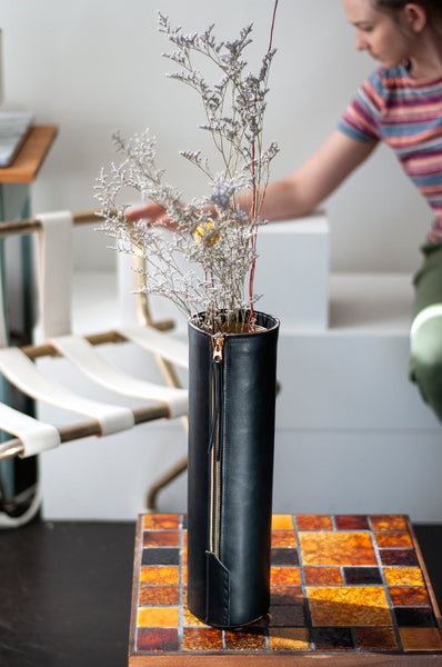 Tall Zippered Leather Vase Black