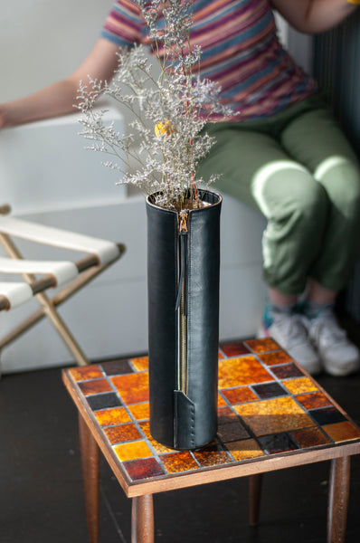 Tall Zippered Leather Vase Black